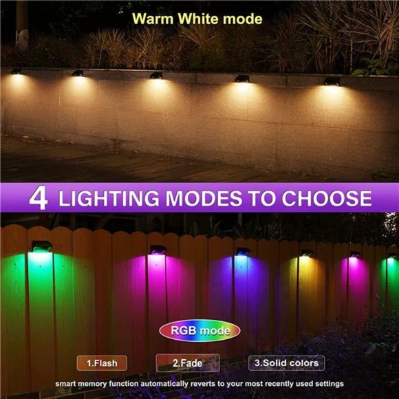 Solar Fence Lights, Fence Lights with Warm White and RGB Lock, Solar Wall Lights